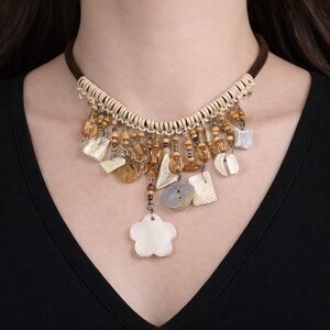 Waterfall Choker Necklace 15” MOP Abalone Glass Cord Eclectic VSCO Beach Artisan